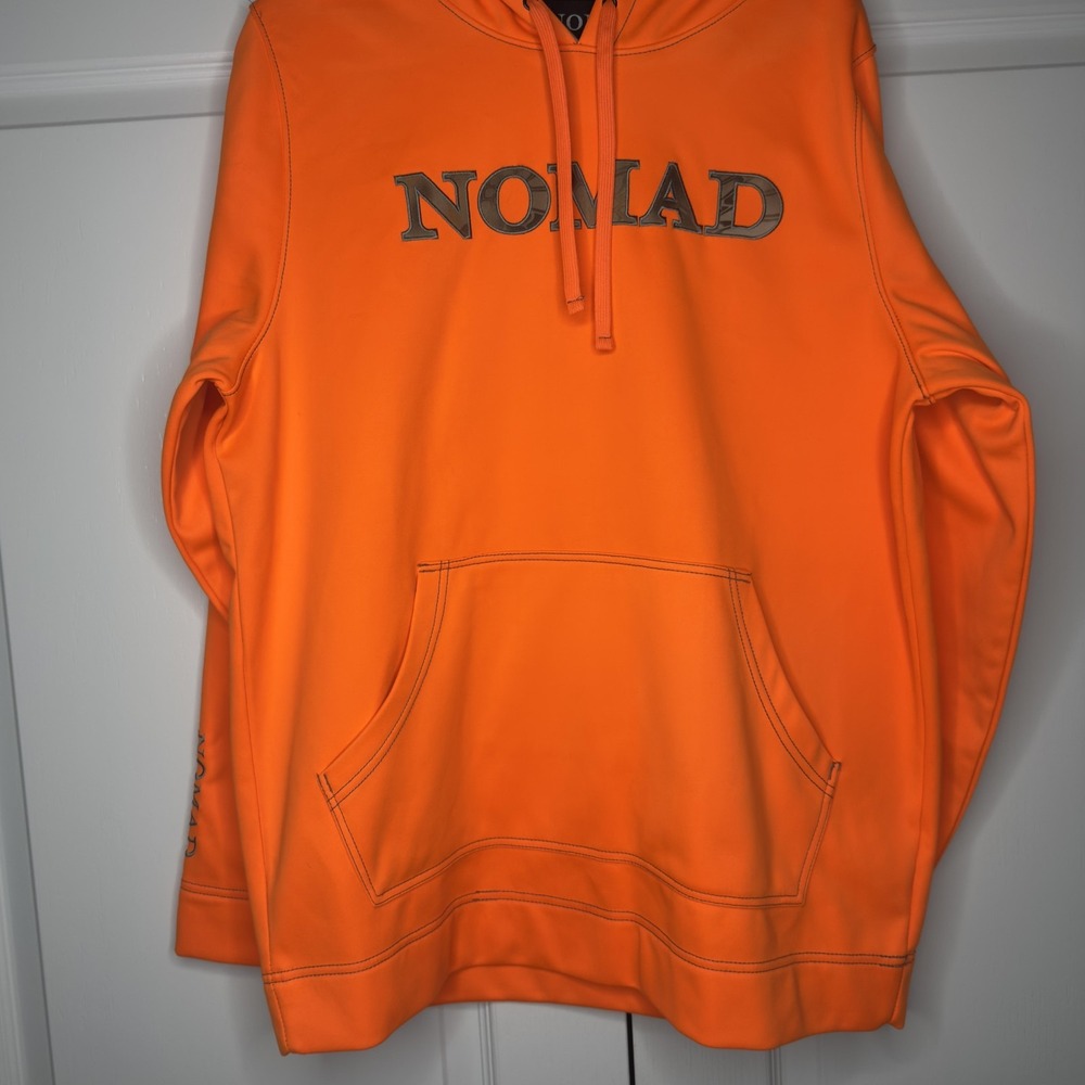 Nomad Hoodie Mens Large Orange Fleece Pullover Kangaroo Pocket Hunting Logo